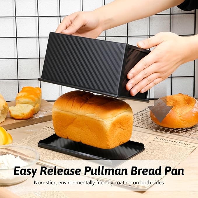 Lyksgir 2 Pack Black Pullman Loaf Pan with Lid, Non-Stick Bread Loaf Pan, 2.2lb & 1lb Carbon Steel Corrugated Toast Tin, Carbon Steel Toast Box with Cover for Homemade Bread Sandwich and Sourdough