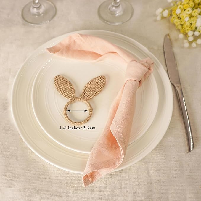 Easter Napkin Rings Set of 6, Burlap Jute Bunny Ear Napkin Rings, Rabbit Ear Napkin Ring Holders for Easter Party Banquet Dinning Spring Table Decoration