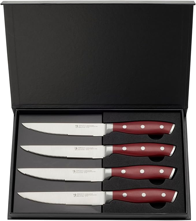 HENCKELS Forged Accent Razor-Sharp Steak Knife Set of 4, Red, German Engineered Knife Informed by over 100 Years of Mastery