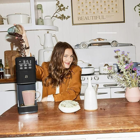 Beautiful Perfect Grind Programmable Single Serve Coffee Maker, Burr Grinder, 64 oz Reservoir, 6 Brew Sizes by Drew Barrymore (Black Sesame)