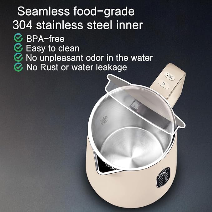 1.5L Electric Kettle Stainless Steel, Double Wall Cool Touch Teapot, Fast Boil,5 Temperature Control, LED Display, Auto Shut-Off,Keep Warm Function,Cream White