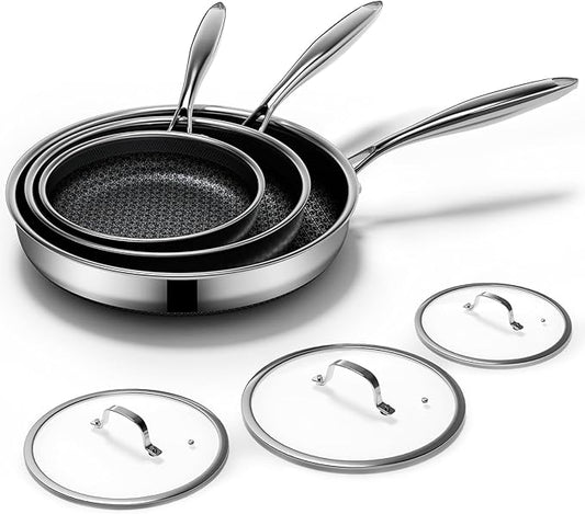 KURRUNGIE Non Stick Frying Pans Set with 3 Lid, Non-Toxic Hybrid Pans Set Nonstick (8+10+12inch),Pan for cooking, nonStick Cookware, Dishwasher and Oven-Safe Cookware Sets, Stainless Steel Skillets