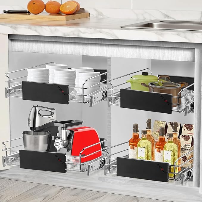Expandable Pull Out Cabinet Organizer, Slide Out Drawers for Kitchen Cabinets, Heavy Duty Storage Drawers, Chrome Plated Cabinet Wire Shelf, Adjustable Width 12.5~20.2" W x 17.3" D