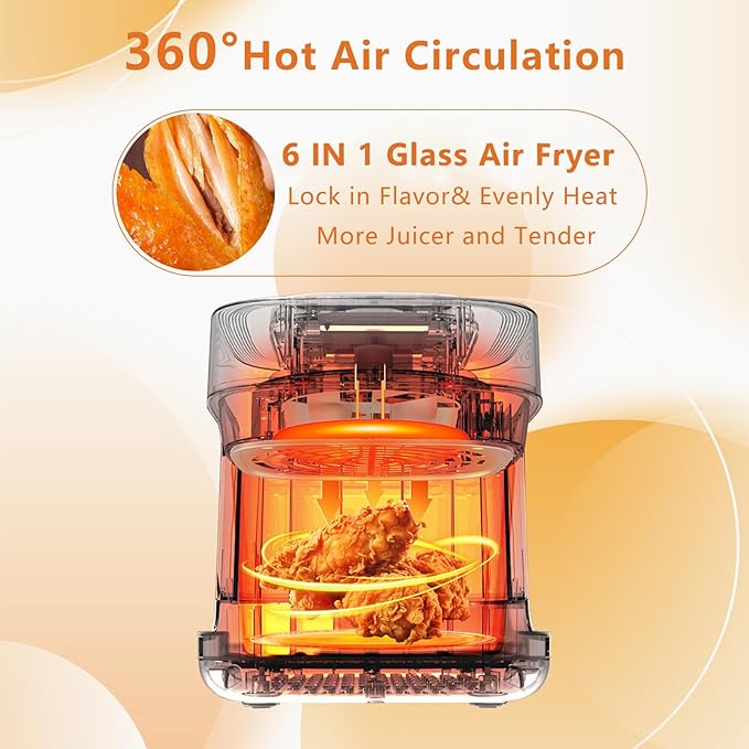 Glass Air Fryer, 7.8QT with Transparent Fry Bowl, Circulating Heating, Temperature Control, Air Fryer Roast, Dishwasher Safe (Black)