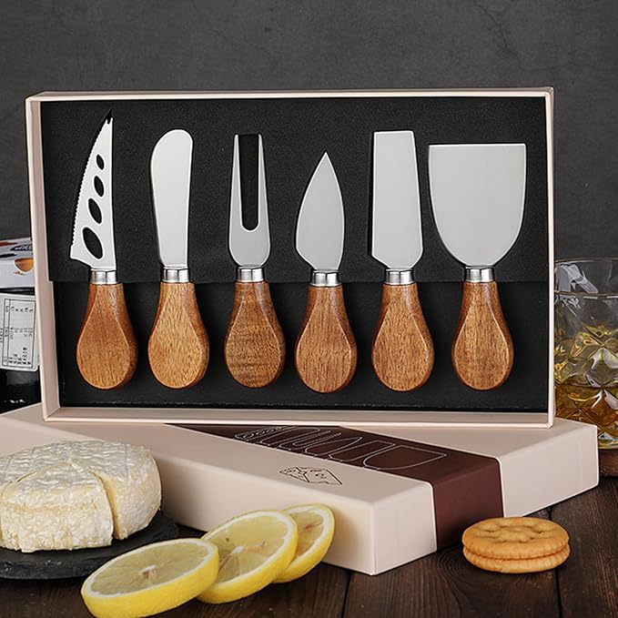 6 Pieces Cheese Knife Set,Cheese Knives Cheese Slicer Cheese Cutter Cheese Fork,Cheese Spreading Knife,Wood Handle Stainless Steel Slicer for Charcuterie Boards Cutlery Gift Set