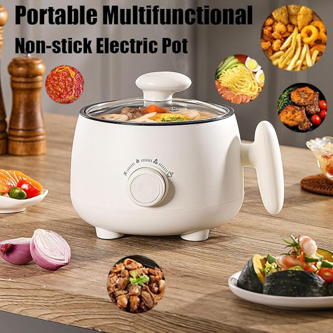 Portable Multifunctional Non-stick Electric Pot, Mini Portable Electric Hot Pot with Steamer, 3 Heat Settings, 2L Non-stick Noodle Cooker for Steaming Boiling Stir-Frying (Stainless Steel Steamer)