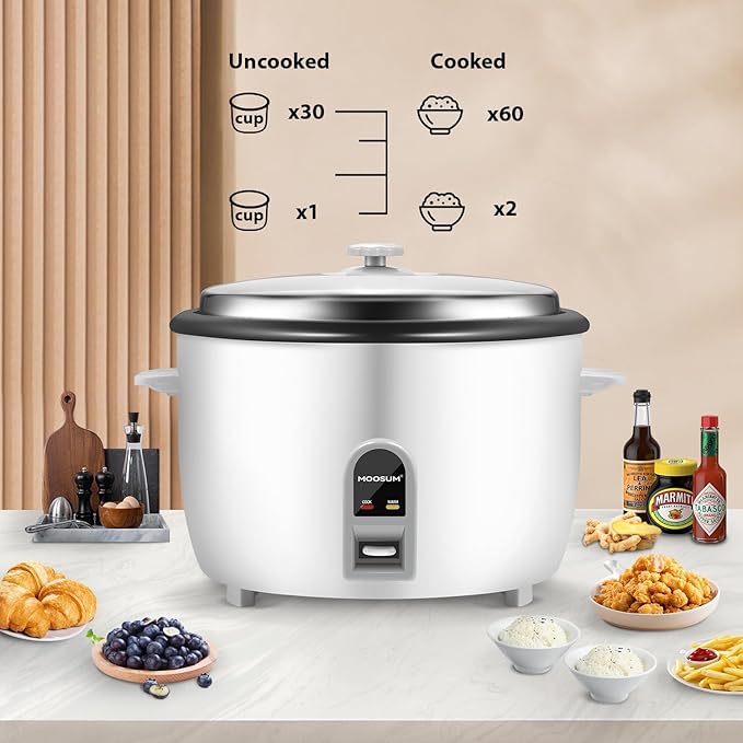 MOOSUM Commercial Rice Cooker, Large Capacity 30-Cup (UnCooked), 60-Cup (Cooked) with One Touch Operation and 12-Hour Keep Warm, Easy to Use and clean, 1600W, White