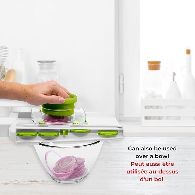 Starfrit Easy Mandoline Slicer, Dicer - 5-Blades and Graters - Straight & Crinkle Blades, Julienne, Grater & Shredder - Self-Feeding Pusher - Catch Base for Storage and Food Container