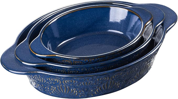 Casserole Dishes for Oven Sets of 3, Ceramic Oval Baking Dish, Au Gratin Baking Pans with Handles for Roasting, Lasagna, Pie, Baking Meat & Vegetables (Blue)