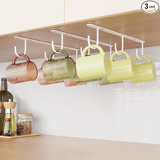 3 Pack Mug Hooks Under Cabinet, Coffee Mug Holder for Hanging Under Shelf, Cup Hanger with 9 Hooks for Displaying Mugs, Coffee Cups and Kitchen Utensils, White