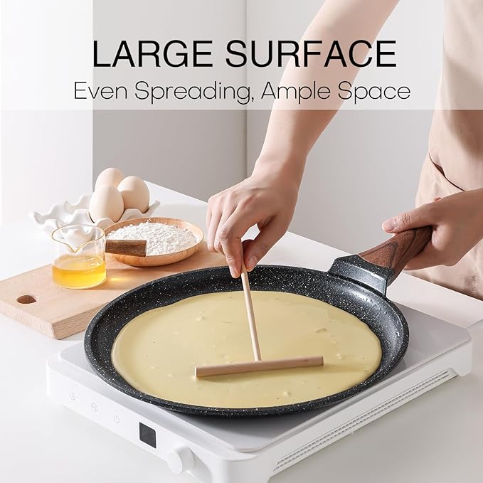 Kordisen Crepe Pan Nonstick, 10 Inch Dosa Pan with Spreader, Granite Coating Comales Para Tortillas Pancake Pan, Flat Bottom for Stove Top, Induction Compatible, PFOA Free