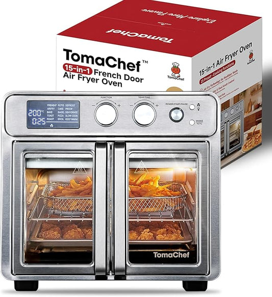 TomaChef 26QT French Door Air Fryer Toaster Oven Combo, 15 Cooking Functions including Rotisserie, and Digital Controls, 30 Recipes & 5 Accessories, Stainless Steel Finish