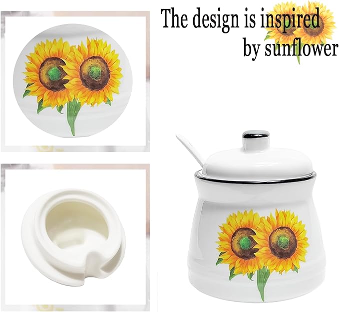 Sunflower Sugar Container Ceramic Sugar Bowl with Lid and Spoon Sugar Jar for Coffee Bar Kitchen Decor and Accessories 12oz (Sunflower)