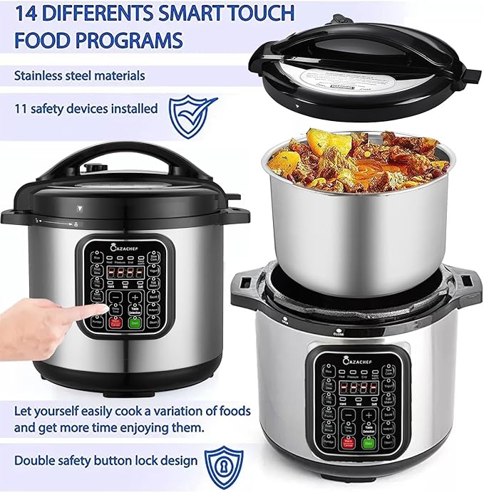 CAZACHEF 8qt stainless steel Pressure Cooker | 24-hour Presetting electric rice cooker, 14 in 1 slow cooker with temperature control | LED Multifunction Steamer, Food Warmer with nonstick pot