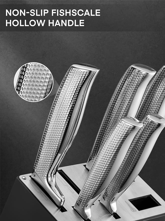 Knife Block Set, FOHERE Knife Set with Advanced Self Sharpening Technology, 14 Pieces Waved Texture Kitchen Knife Set, Stainless Steel Knife Set with Block, Sharp Knives with Non-slip Ergonomic Handle