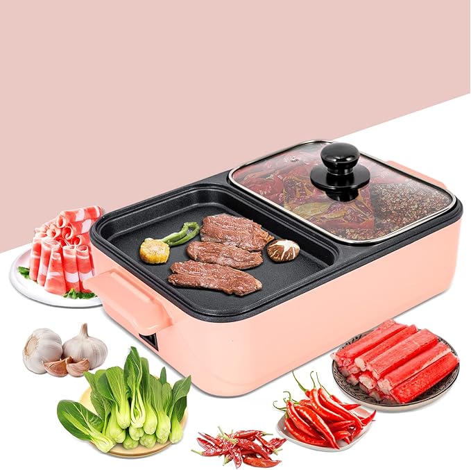 Electric Hot Pot with Grill, 2 In 1 Multifunction Nonstick Griddle and Hot Pot, Indoor Barbecue Grill with Hotpot for Steak, Shabu Shabu, Korean BBQ, Separate Dual Temperature Control