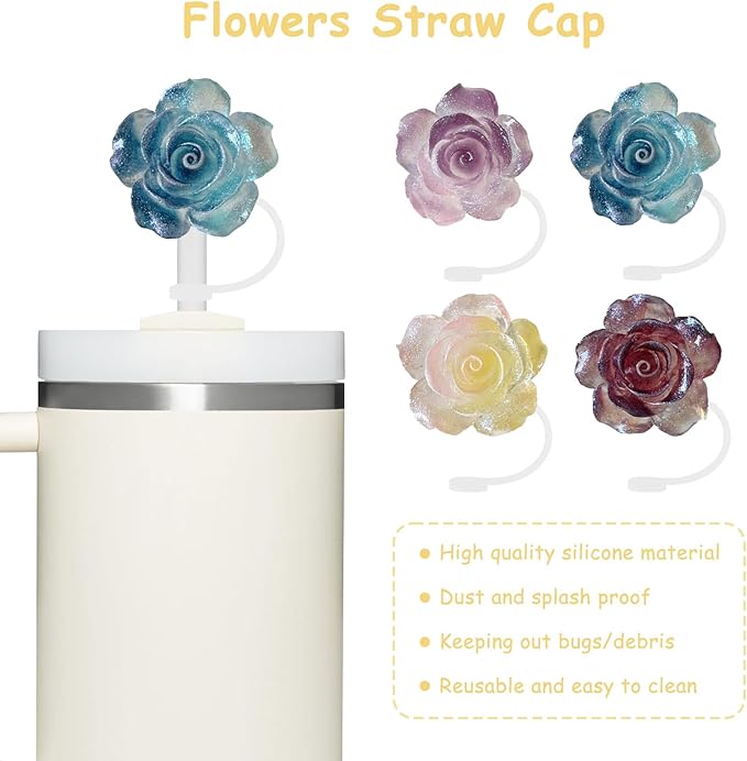 4 Pcs 0.4in Straw Cover for Stanley Cup, Silicone Straw Topper Set for 30&40oz Stanley Tumbler, Fit for 10mm/0.4in Straws (Rose)