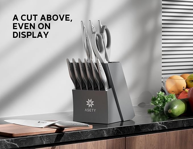 Knife Set - Ultra Sharp Knives Set for Kitchen with block, 15 PCS Stainless Steel Knife Set with Built-in Sharpener, Ergonomic Non-Slip Handle, Christmas Elegant Box for Men Women, Steel Grey