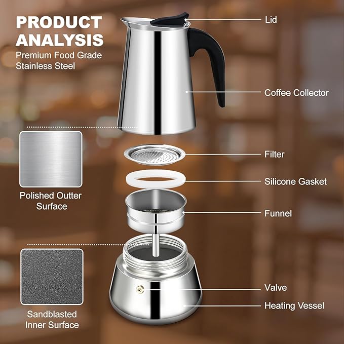 DITOSH 9 Cup Stovetop Espresso Maker Stainless Steel Moka Pot Stove Top Percolator Italian Coffee Makers Capable Mocha Greca Machine Cafe Classic Induction Cookers for Home and Camping 450ml 15oz