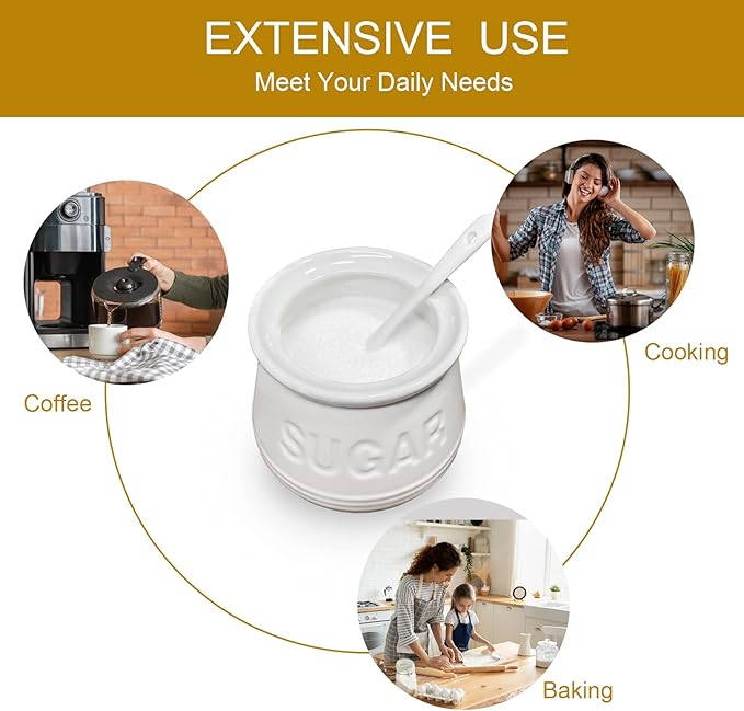 Sugar Bowl with Lid and Spoon, Ceramic Sugar Containers for Countertop, Sugar Dish Jar Coffee Bar Accessories, Covered Sugar Holder for Kitchen 12oz, White