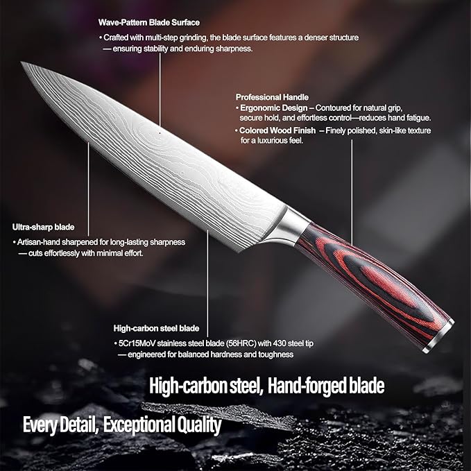 Chef Knife- 8", Razor-Sharp High-Carbon Stainless Steel Kitchen Knife, Ergonomic Handle, Multipurpose Japanese Chef's Knife for Meat & Veggies, Ideal for Gifting