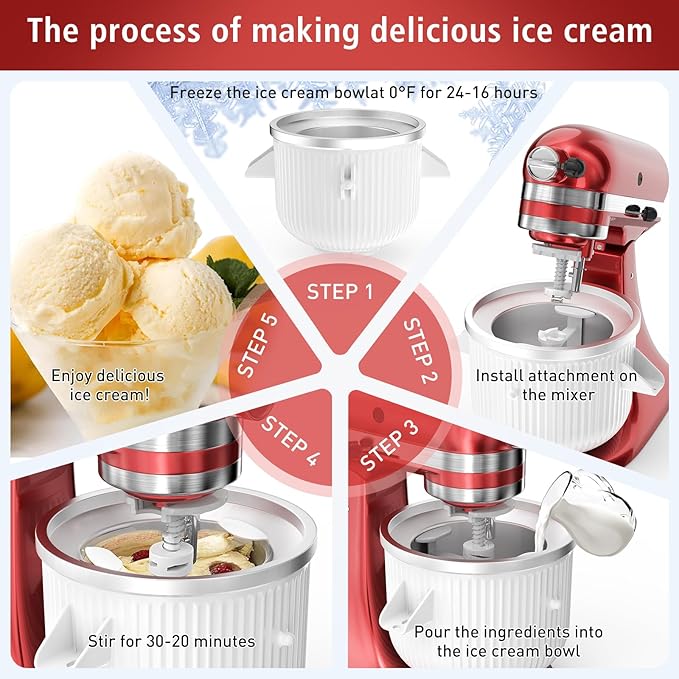 Ice Cream Attachment for KitchenAid Mixer, Ice Cream Bowl Compatible with 4.5Qt and 6QT Or Larger Stand Mixers KitchenAid Attachment, Frozen Yogurt & Sorbet Gelato Maker Attachment, 2 Qt With lid
