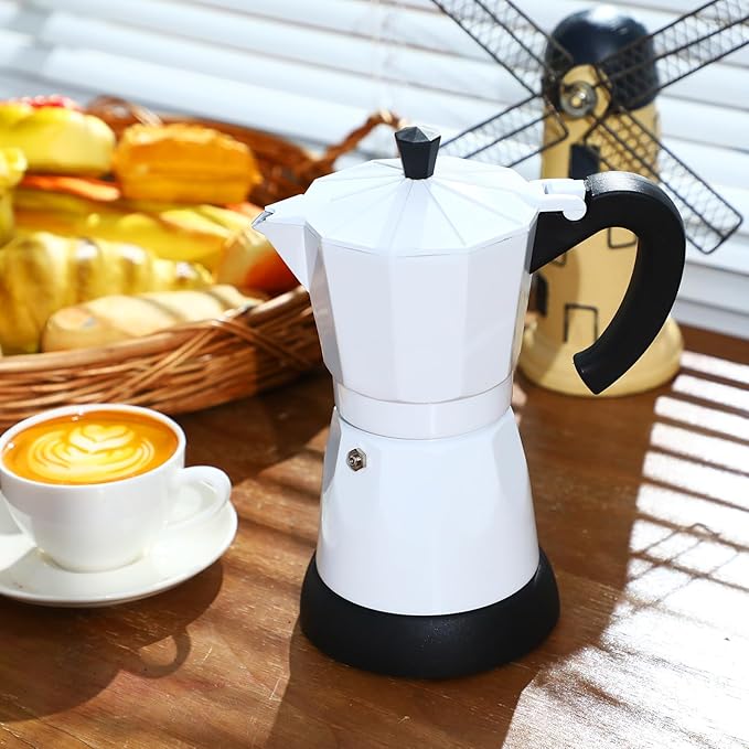 Lemosae Coffee Pot 6 Cup Electric Espresso Coffee Maker Italian Moka Maker 300ml Portable Aluminum Espresso Machine Cafetera Moka Pot with Detachable Base, Gift for Home Travel(White)