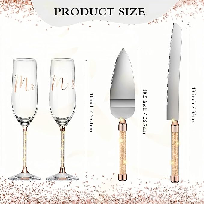 Wedding Cake Knife and Champagne Flutes Server Set | Bride & Groom Champagne Glasses | Toasting Glasses for Parties and Cake Cutting Set – for Wedding, Engagement, Bridal Shower Gifts(Gold)