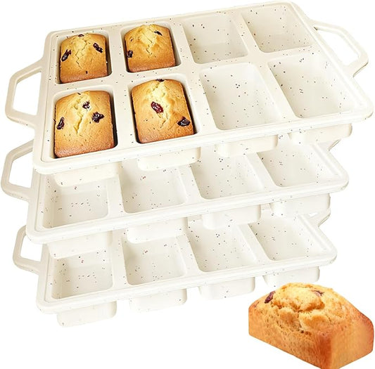 3PCS Silicone Mini Loaf Pans with Metal Reinforced Frame and Gloves, 8 Cavity Non Stick Small Bread Pan, Small Bread Pans for Baking, Tiny Meatloaf Pan for Brownie Pan-Cream Dishwasher Safe BPA Free