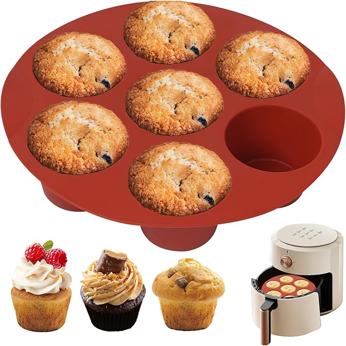 Goensjt Silicone Air Fryer Muffin Pan for Baking,Non-Stick 7 Cups Muffin Top Pan Cupcake Mold, Baking Pan Egg Bites for air fryer