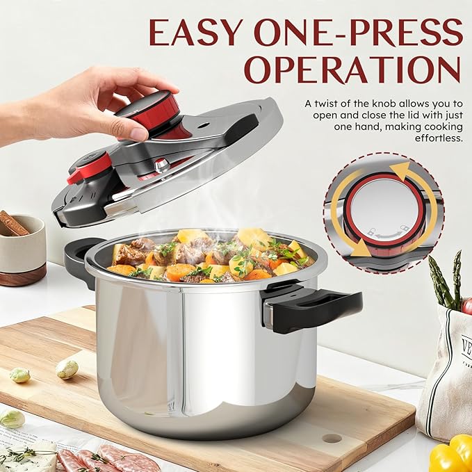 BreeRainz 3-In-1 Stainless Steel Pressure Cooker 8.45QT, 3-Stage PSI Settings, One-Hand Locking,Explosion-Proof Pot w/Extra Glass Lid, Timer, Steaming Rack(Induction Compatible Olla de Presion)