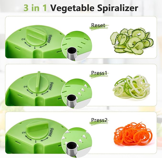 3-in-1 Vegetable Spiralizer Slicer, Adjustable Mandoline Spiral Cutter for Zucchini Noodles, Carrots, Cucumber (Green)