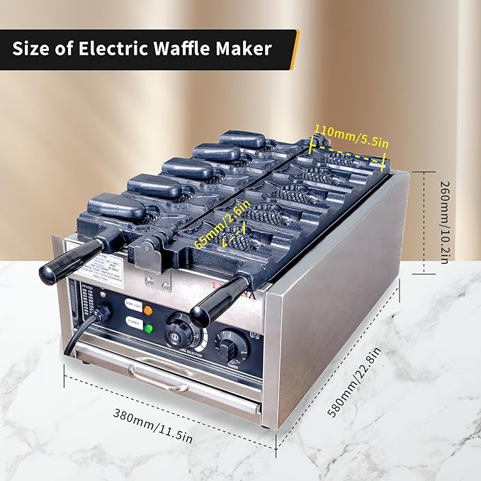 Taiyaki Fish Waffle Maker 110V/Commercial Use Jam or Ice Cream Waffle Maker/Stainless Steel 5 Big Open-Mouth Fish Non-Stick Teflon Coating Taiyaki Maker/50-300℃/122-572℉ Adjustable