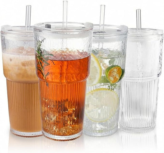 4PCS 20oz Glass Cups with Lids and Straws, Iced Coffee Cups with Lids, Stylish Ribbed Thick Drinking Glasses Tumbler for Juice, Smoothies, Cold Beverages, Cute Cup Gifts with Clean Brush