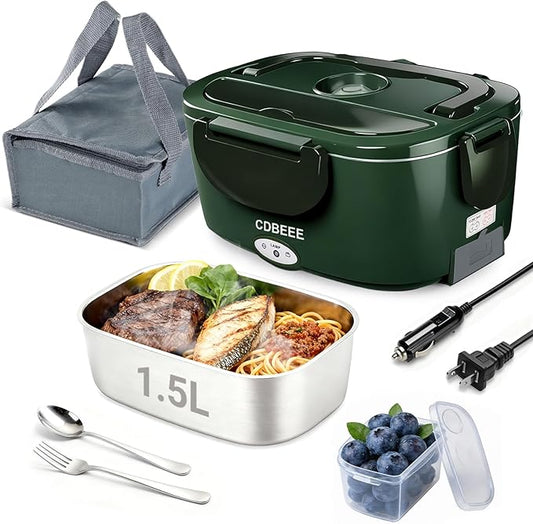 Electric Lunch Box Food Warmer-80W Fast Heating, 1.5L Leak-Proof 304 SS Container,12V/24V Car/Truck & 110V Home/Office, Portable for Drivers/Workers, Ideal for Trips/Work Lunches（Dark-green）