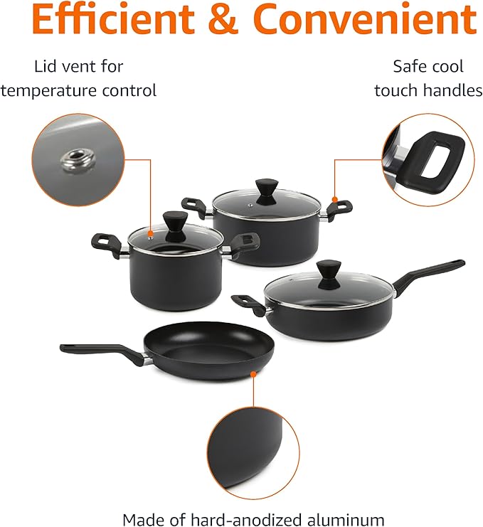 Amazon Basics 10 -Piece Hard Anodized Non-stick Stackable Cookware Pots and Pans Set, Space Saving, Black