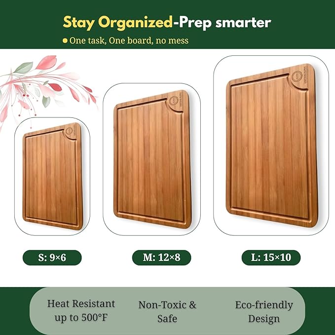 Define Aura Organic Bamboo Cutting Board Set of 3 – Wooden Kitchen Boards for Chopping, Meal Prep & Serving – Durable Charcuterie & Cheese Boards with Deep Juice Grooves and Side Handles