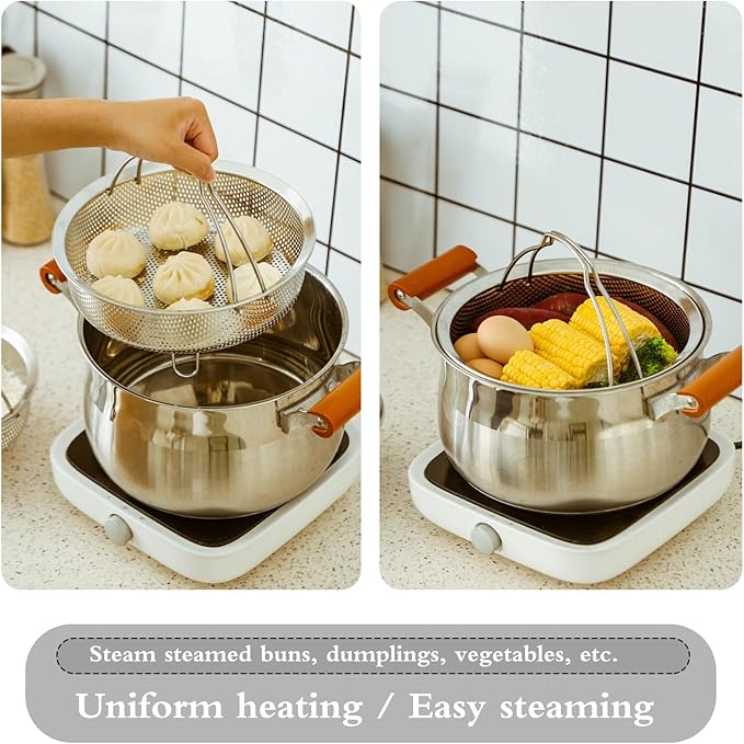 Food Grade Stainless Steel Steamer with Carrying Handle Three Legged Stand, Multifunctional Home Steamer, Essential for Healthy Cooking (5.5in)