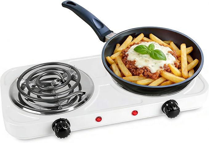 Portable Double Burner Electric Coil Heating Hot Plate Stove Countertop RV Hotplate Temperature Controls Easy to Clean 2000W