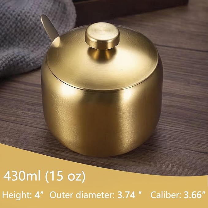 15oz Sugar Bowl with Lid And Spoon, Stainless Steel Sugar Creamer Container, Round Sugar Jar, Durable Sugar Pot for Coffee Bar Accessories, Coffee Bar Decor, Home and Kitchen Storage, Gold
