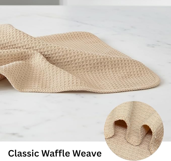 PurpleEssences Dish Cloths and Dish Rags - 6 Pack Waffle Weave Solid Kitchen Dish Wash Cloths, 100% Cotton, 12 x 12 Inches, Ultra Soft Absorbent Quick Drying - Christmas Holiday Winter - Beige