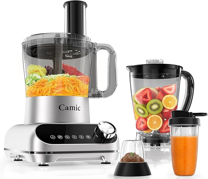 Camic Blender & Food Processor Combo,6 Functions for Smoothies,Chopping,Slicing,Shredding,Grinding,Dough,72-oz.Blender Pitche,64-oz. Processor Bowl,To-Go Cup,Grinder Cup (Silver-Upgraded Version)