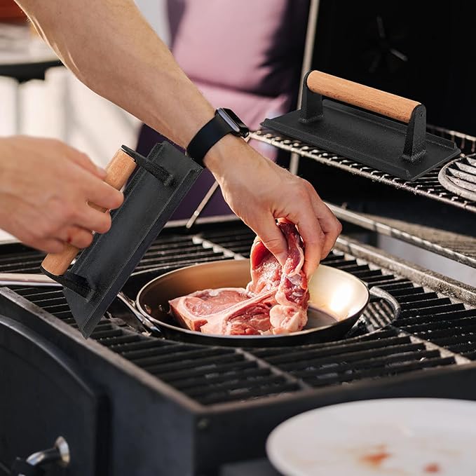 Onader 8.4 Inch Rectangle Smash Burger Press, Cast Iron Grill Bacon Press Set of 2