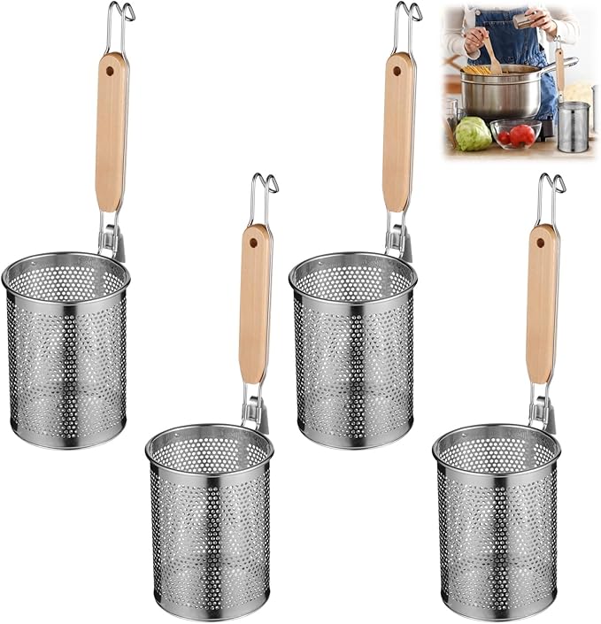 Stainless Steel Pasta Strainer, 4 Pcs Noodle Dumpling Strainers, Blanching Baskets with Wood Handle, Mesh Spider Strainer for Pasta, Noodle, Dumpling (4.6"D x 5.9"H)