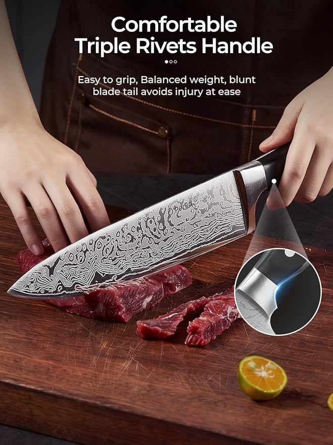 Knife Set, D.Perlla Knife Block Set with Advanced Self-Sharpening Technology, 14-Piece Waved Texture Kitchen Knives, German Stainless Steel Knife Set with Block, Razor-Sharp and Full Tang Handle