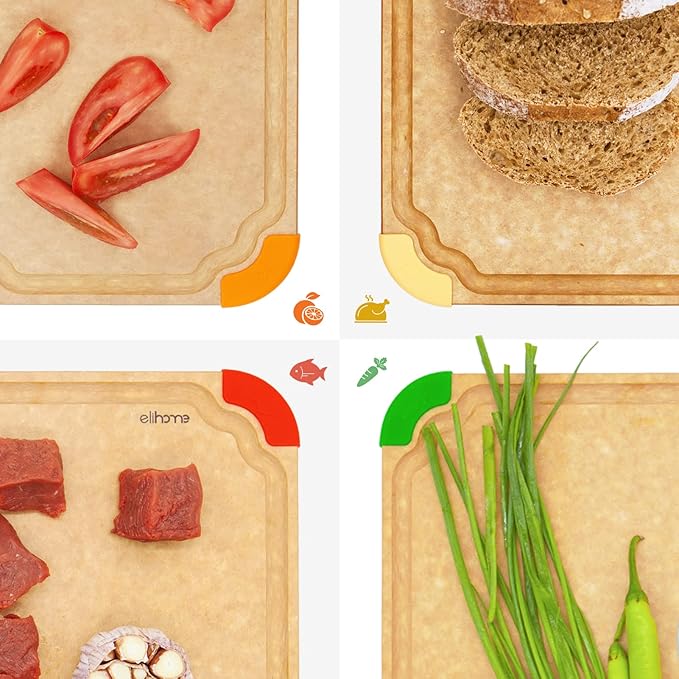 Elihome Premium Series Color Code Wood Fiber Dishwasher Safe Cutting board for Kitchen, Made in USA, Food Icon, Juice Grooves, Non-Porous, Non-slip Feet, Medium 13" x 10"