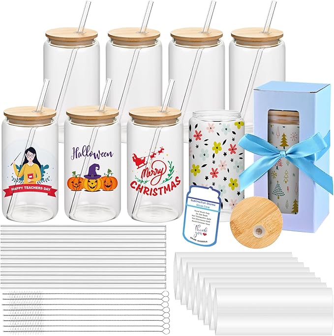 Sublimation Glass Blanks with Bamboo Lid, 16OZ Clear Sublimation Beer Cups with Glass Straws Gift Box for Christmas, Mason Jar Cups Mug Travel Tumbler for Juice, Iced Coffee, Drinks (8 PACK)