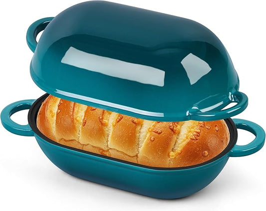 Homikit Enameled Cast Iron Dutch Oven for Bread Baking, 2.8 QT Oval Bread Oven Pot with Lid, Sourdough Loaf Iron Dutch Oven Pan for Roasting Cooking, Dark Green & Heavy Duty