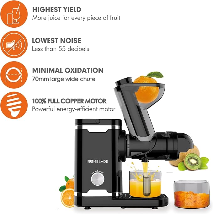 EMB Ironblade IBLJU30 Horizontal Slow Juicer, Quiet Motor, 70mm Wide Chute, Cold Press Juicer for High Juice Yield, Minimal Oxidation, Easy Clean-Up
