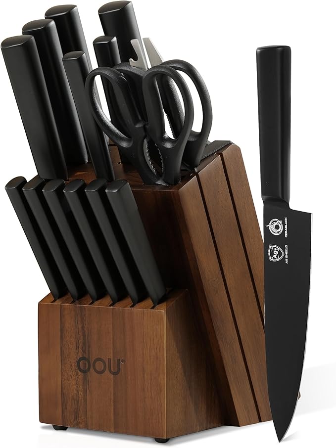 OOU Kitchen Knife Block Set - 15 Pieces High Carbon Stainless Steel Chef Knife Sets, Anti-Rust Black Knives Set with Built-in Sharpener Block, Brown